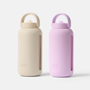 2x Bink 27oz Glass Water Bottles Silicone Sleeve Straw Lid Pink Beige